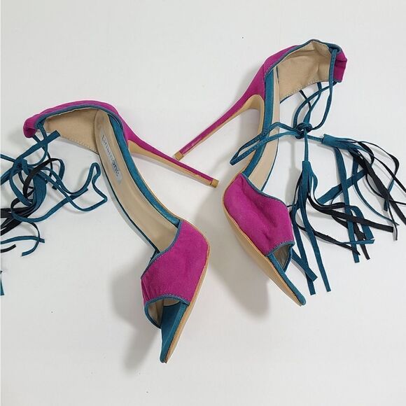 Chic Fuchsia Suede Fringe Sandals Concise Ultra High Heels Lace-up Tassel Shoes - Picture 5 of 9